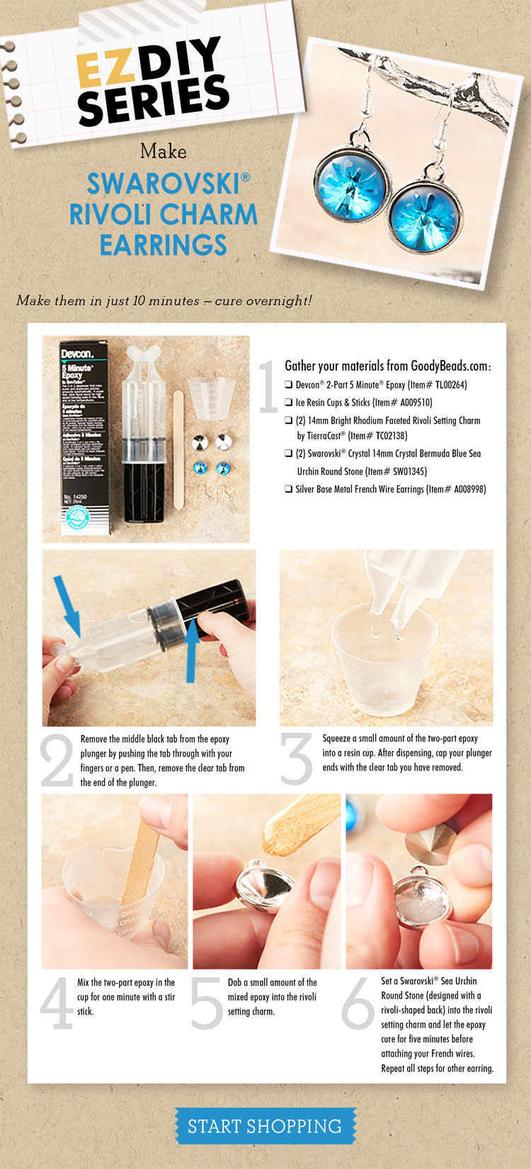 GoodyBeads | Blog: Easy DIY to create easy charm earrings using epoxy resin to adhere swarovski rivolis to bezel charm.