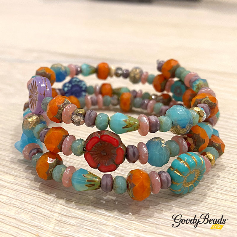 GoodyBeads Blog | DIY Czech Flower, Memory Wire Wrap Bracelet.